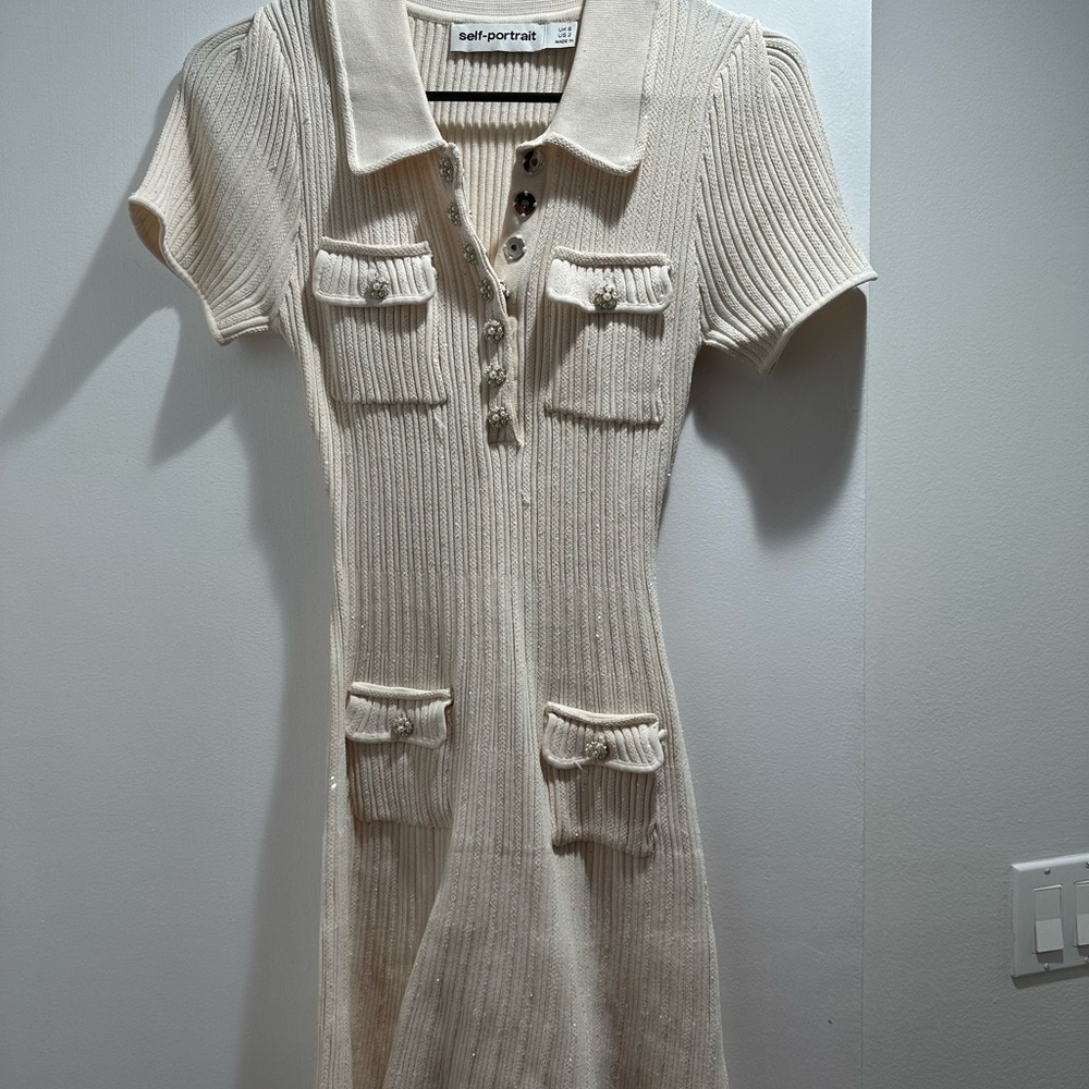 Self-Portrait Ivory Ribbed Mini Dress